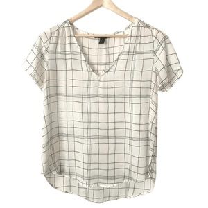 Forever 21 White And Black Grid Print Short Sleeve Blouse